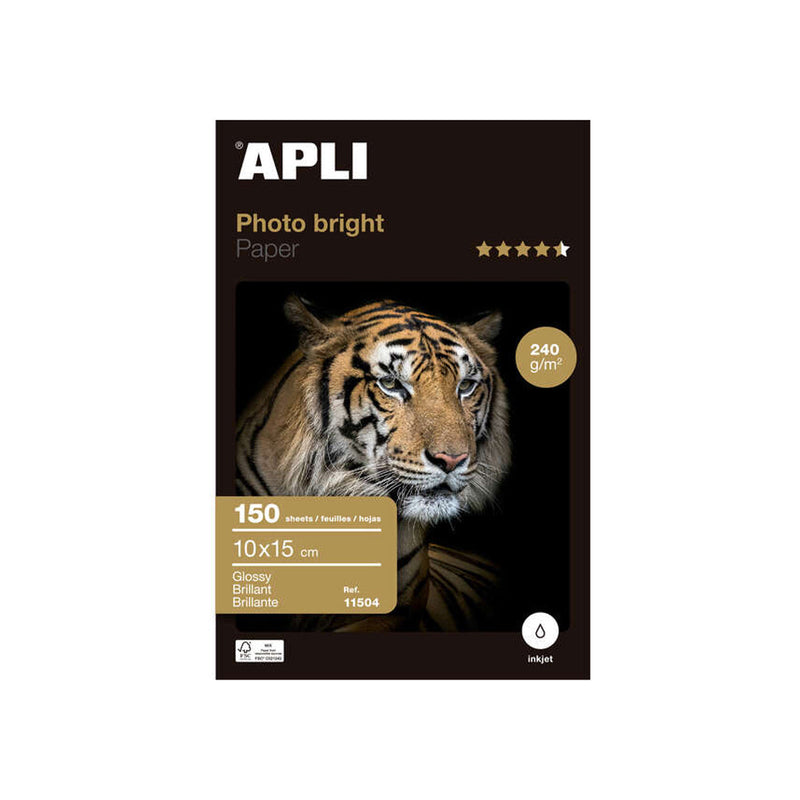 Apli Pack de 150 Hojas de Papel Fotografico Photobright 10x15cm 240g - Acabado Brillante - Apto para Uso en Impresoras Inkjet