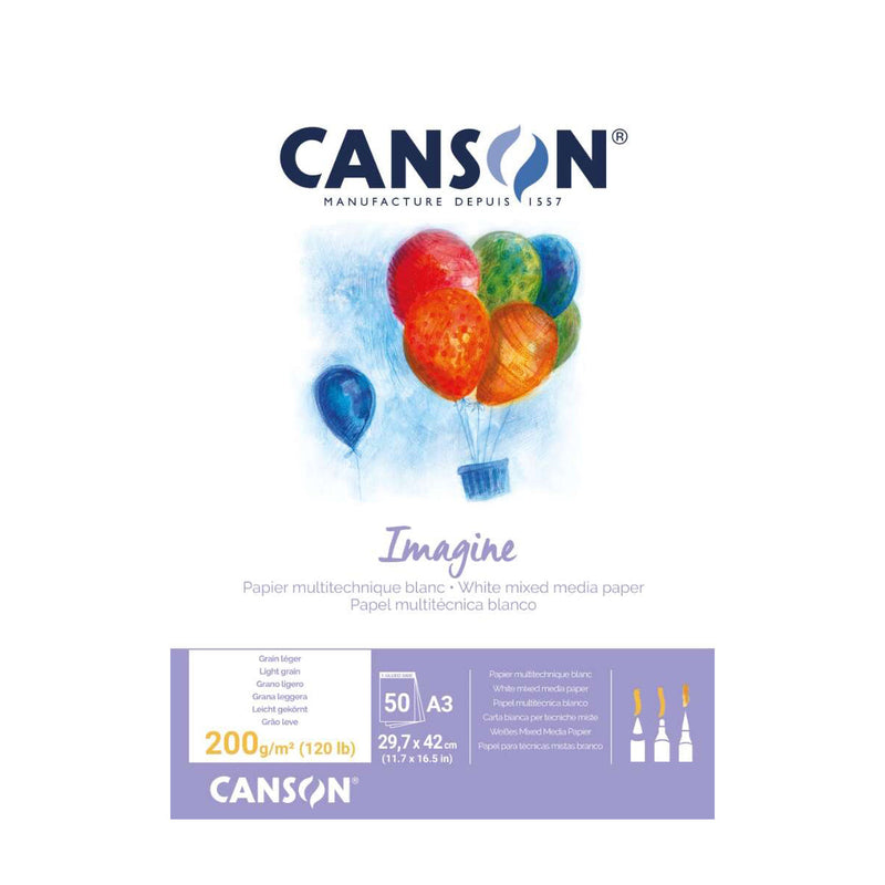 Canson Imagine Bloc Encolado de 50 Hojas A3 - Grano Fino - 29.7x42cm - 200g - Color Blanco