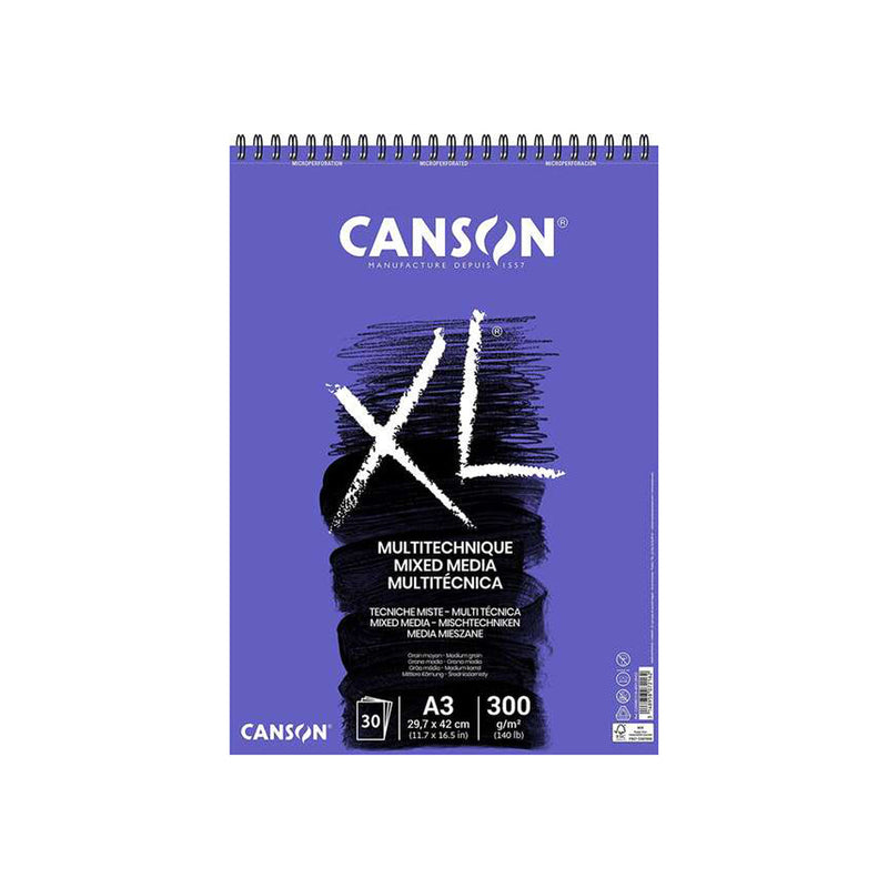 Canson Xl Mix Media Bloc de Dibujo Acuarela de 30 Hojas A3 - Grano Texturado - Microperforado Espiral - 21x29.7cm - 300g - Color Blanco