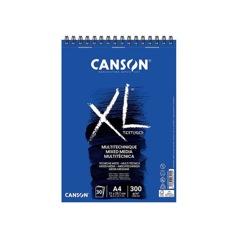 Canson Xl Mix Media Bloc de Dibujo Acuarela de 30 Hojas A4 - Grano Medio - Microperforado Espiral - 21x29.7cm - 300g - Color Blanco