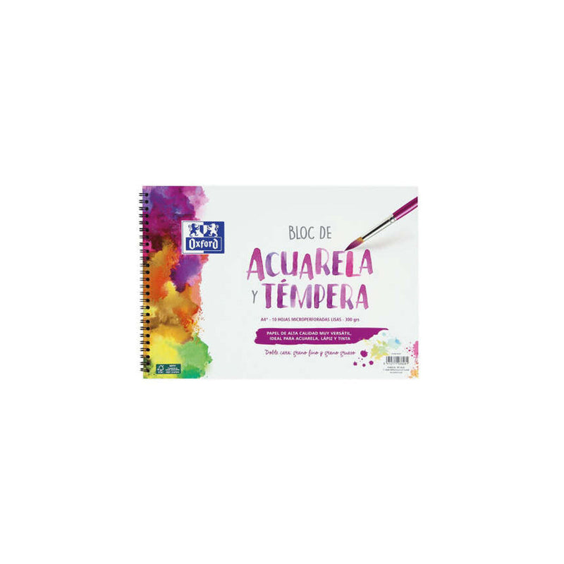 Oxford Bloc de Acuarela y Tempera Escolar Espiral Formato A4+ Liso - 10 Hojas Microperforadas 300gr Color natural - Papel de Doble Cara: Grano Grueso y Grano Fino