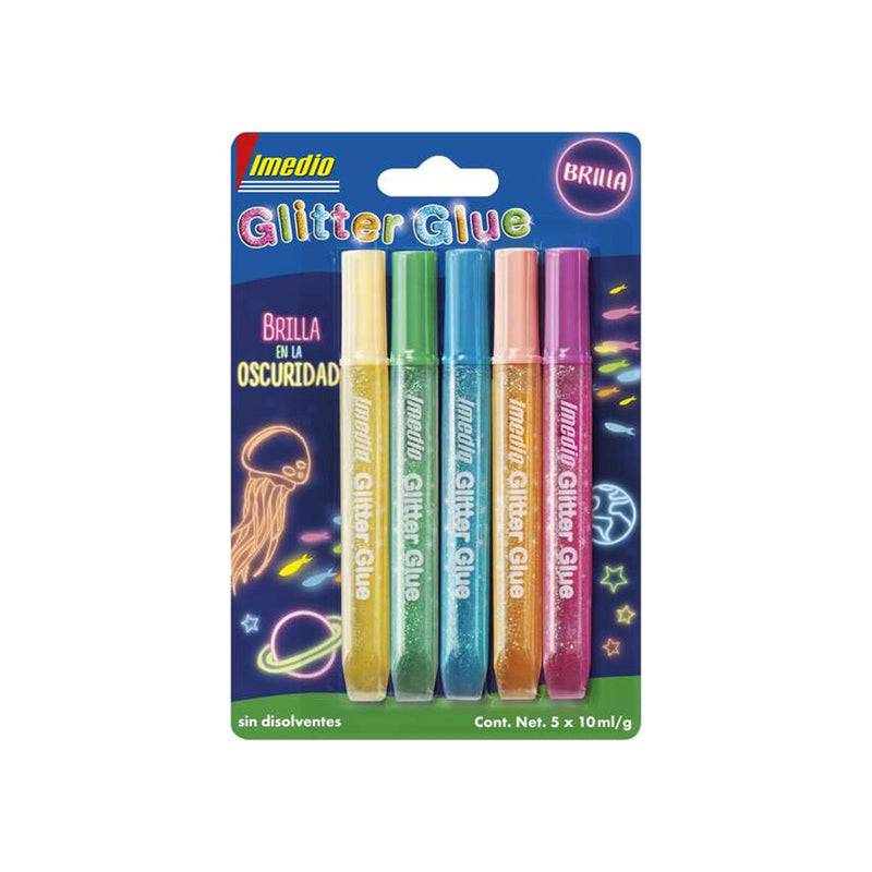Imedio Glitter Glue "Brilla en la Oscuridad" Pack de 5 Tubos de Pegamento con Brillantina 10ml - Brilla en la Oscuridad - Para Distintos Materiales - Tubo Extrablando - Boquilla de Precision - Sin Disolventes - Colores Surtidos