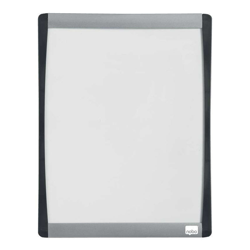 Nobo Mini Pizarra Magnetica con Marco Arqueado 215x280 - Elegante Diseño Plateado y Negro - Almohadillas Adhesivas e Imanes Incluidos - Blanco