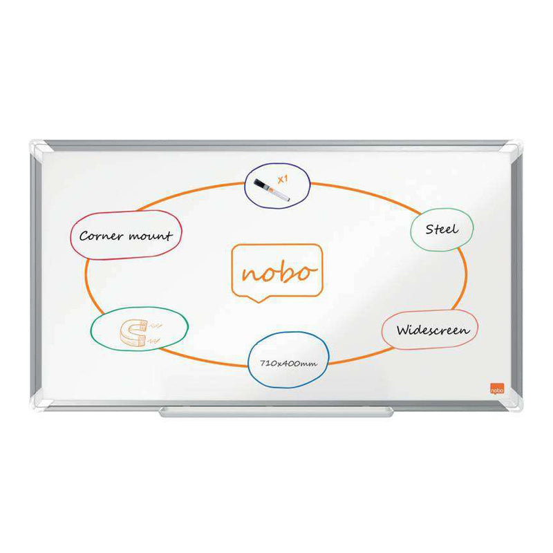Nobo Premium Plus Pizarra Magnetica de Acero Lacado Panoramica 710x400mm - Montaje en Esquina - Blanco