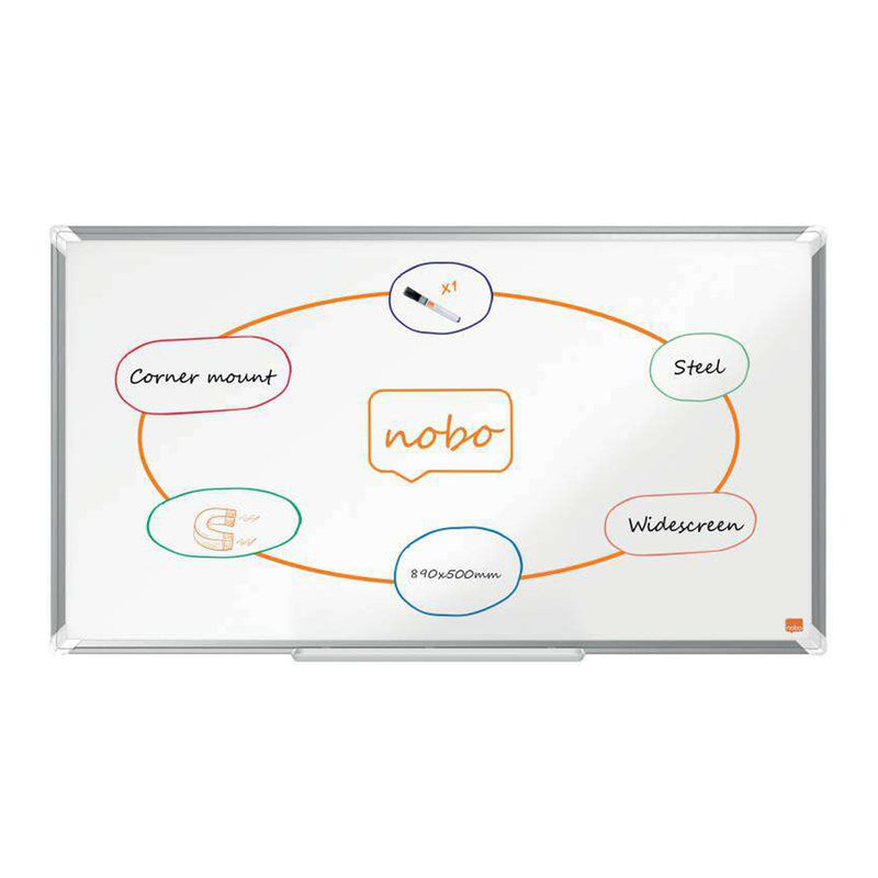 Nobo Premium Plus Pizarra Magnetica de Acero Lacado Panoramica 890x500mm - Montaje en Esquina - Blanco