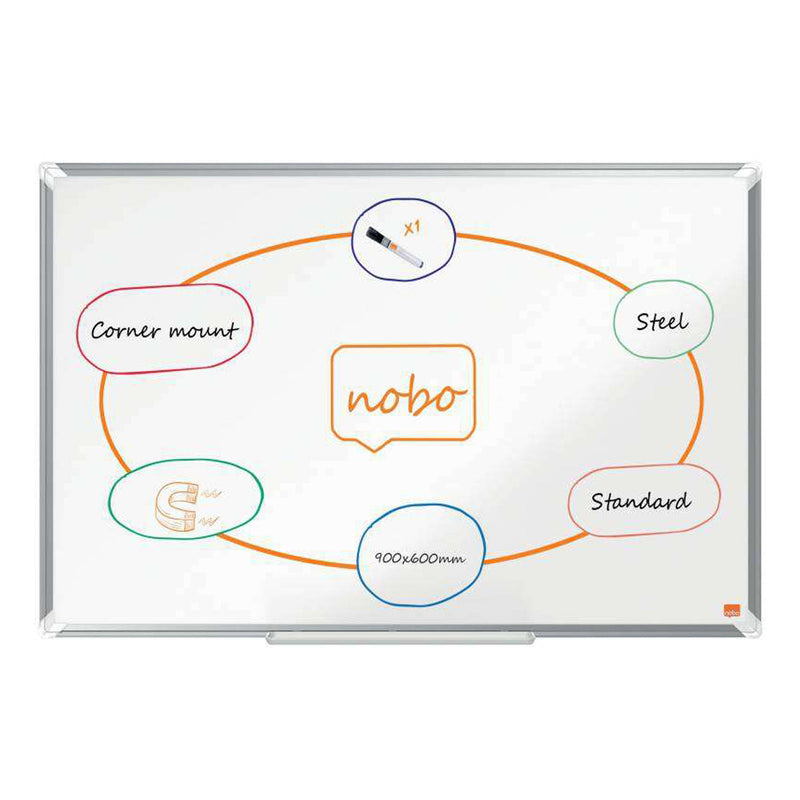 Nobo Premium Plus Pizarra Magnetica de Acero Lacado 900x600mm - Montaje en Esquinas - Superficie de Borrado Facil - Color Blanco