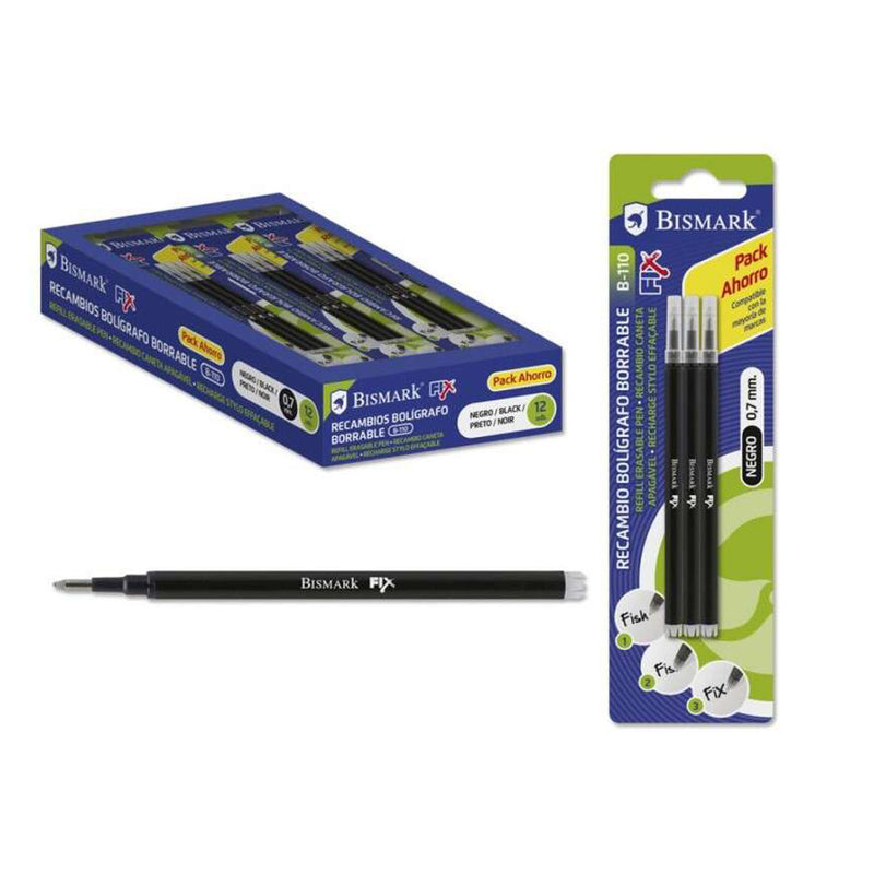 Bismark Fix Pack de 3 Recambios para Boligrafo Borrable - Punta Fina 0.7mm - Color Negro