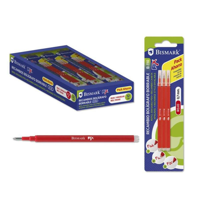 Bismark Fix Pack de 3 Recambios para Boligrafo Borrable - Punta Fina 0.7mm - Color Rojo