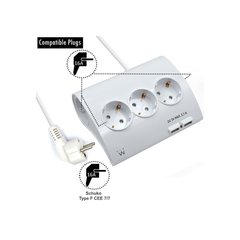 Ewent Regleta de Energia - 5 enchufes - Version Schuko - 16A -  2 Puertos USB - Cable de 1.5m - Color Blanco