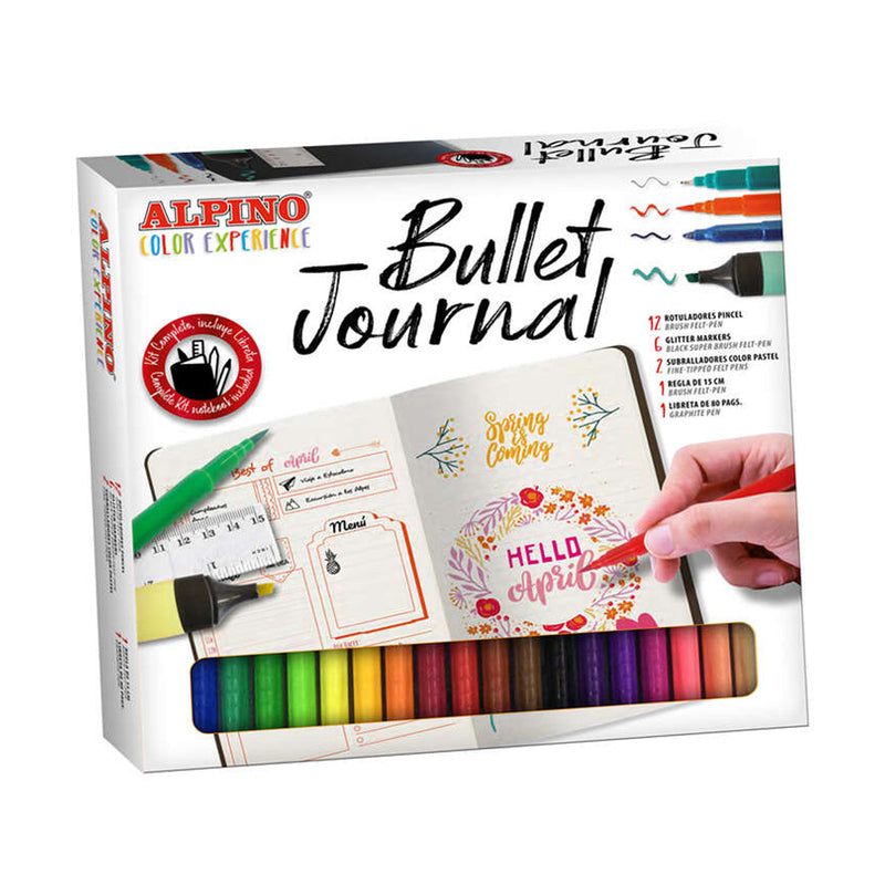 Alpino Color Experience Kit Bullet Journal con 12 Rotuladores Doble Punta (0.7mm y 2.9mm) - 2 Marcadores Pastel - 6 Rotuladores con Efecto Purpurina - Regla de 15cm - Libreta de 80 Paginas - Ideal para Iniciarse en el Bullet Journal - Colores Surtidos