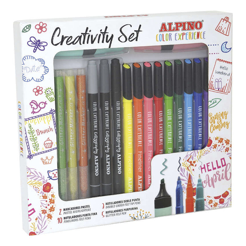 Alpino Color Experience Kit Creativo de 10 Fineliners - 5 Rotuladores Glitter Markers - 3 Rotuladores Especiales para Caligrafia - 2 Marcadores Pastel - Colores Surtidos