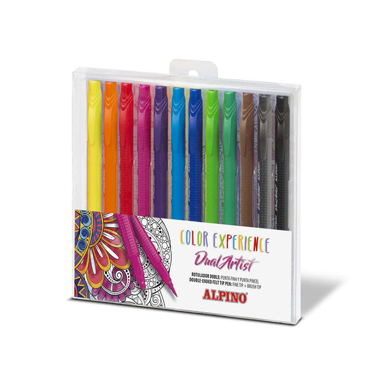 Alpino Color Experience Pack de 12 Rotuladores Doble Punta con Punta Pincel - Forma Triangular Ergonomica - Punta Fine Liner de 0.7mm y Punta Pincel de 2.9mm - Colores Surtidos