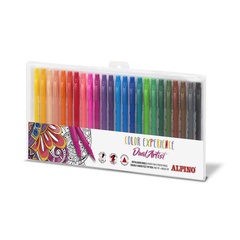 Alpino Color Experience Pack de 24 Rotuladores Doble Punta con Punta Pincel - Forma Triangular Ergonomica - Punta Fine Liner de 0.7mm y Punta Pincel de 2.9mm - Colores Surtidos