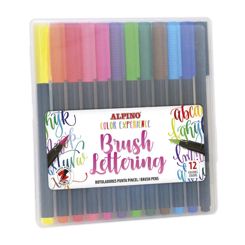 Alpino Color Experience Pack de 12 Rotuladores Brush Lettering - Punta Pincel de 4.55mm - Tinta Base Agua - Colores Vivos y Brillantes - Ideales para Lettering - Colores Surtidos