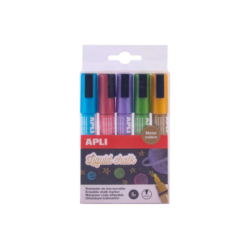 Apli Pack de 5 Rotuladores de Tiza Liquida Metalizados - Punta Redonda de 5.5mm - Facil de Borrar - Secado Rapido - Base Agua Libre de Toxicos - Colores Surtidos