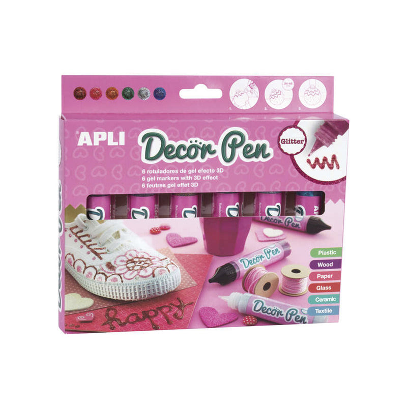 Apli Pack de 6 Rotuladores de Gel 3D con Acabado Purpurina 25ml - Personaliza Regalos, Objetos, Tarjetas, Detalles, Fotos, Carpetas, etc... - Colores Surtidos