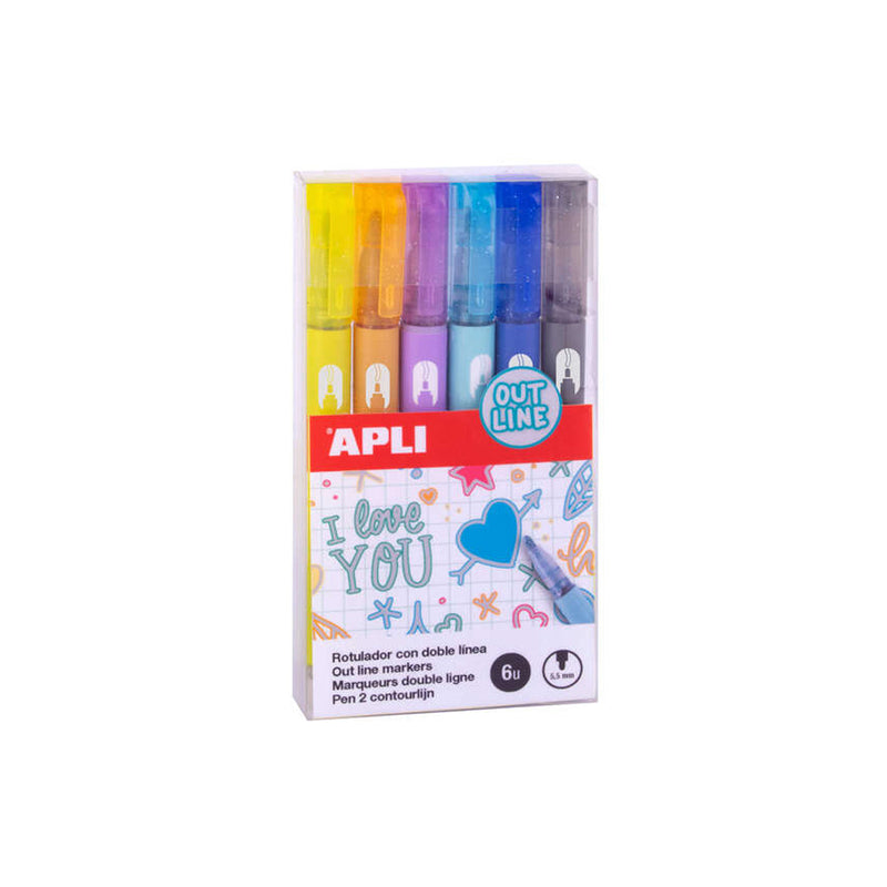 Apli Rotuladores Doble Linea - 5.5mm - Base de Alcohol - Pack 6 Colores - Escritura Interior Plata con Contorno de Color - Ideal para Decoracion - 4g de Tinta por Rotulador - Caja 70x135x15mm