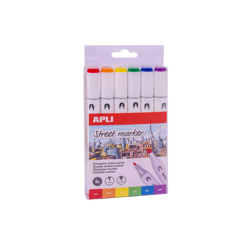 Apli Street Markers Rotuladores de Doble Punta - Puntas de 1mm y 6mm - Tinta de Base Alcohol - Multifuncionales para Dibujar, Pintar y Colorear - Pack Surtido de 6 Colores