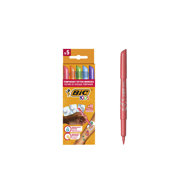 Bic Kids Tatuajes Pack de 5 Rotuladores + 10 Plantillas para Tatuajes Temporales - Tinta Dermatologicamente Testada y Sin Perfume - Colores Surtidos