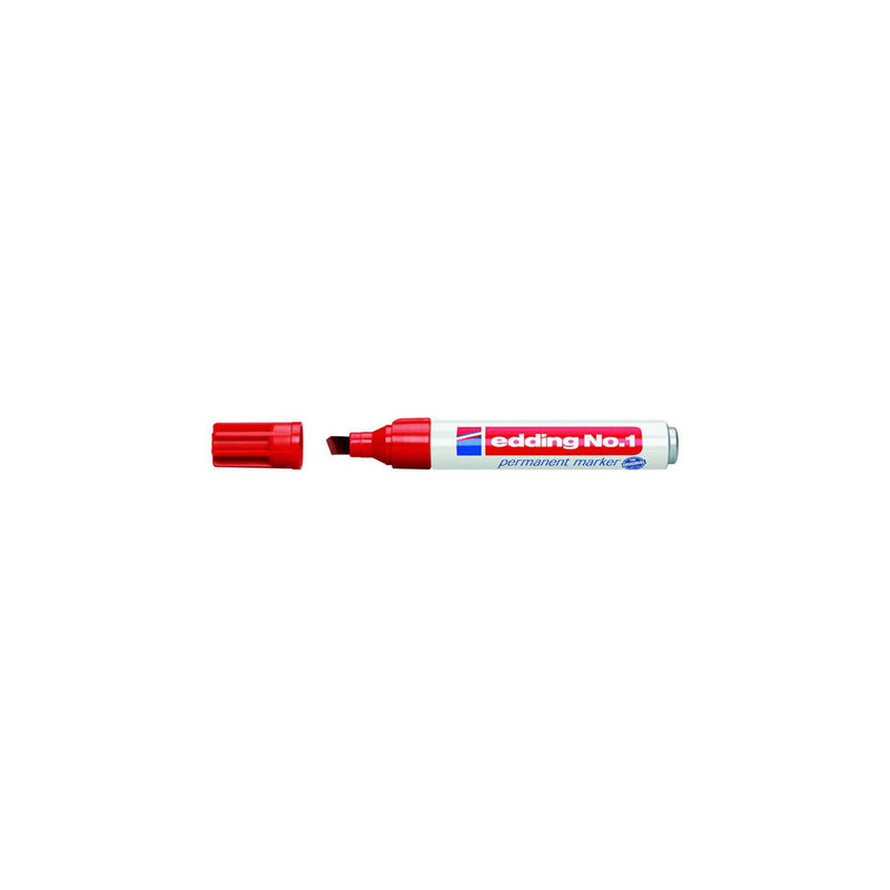 Edding Nº1 Rotulador Permanente - Punta Biselada - Trazo entre 1 y 5 mm. - Recargable - Secado Instantaneo - Color Rojo (10 unidades)