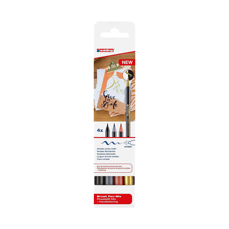 Edding 1340 Brush Pack de 4 Rotuladores - Punta Pincel Flexible - Trazo 1-3mm - Tinta con Base de Agua - Colores Oro, Negro, Gris y Albaricoque