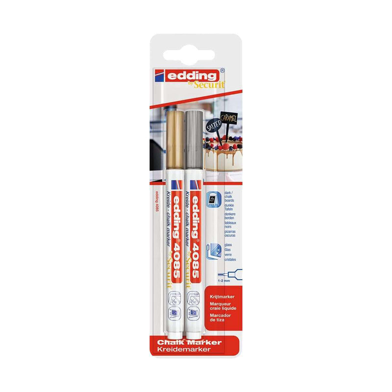 Edding 4085 Pack de 2 Rotuladores de Tiza Liquida - Punta Redonda - Trazo 1-3mm - Olor Neutro - Color Oro y Plata