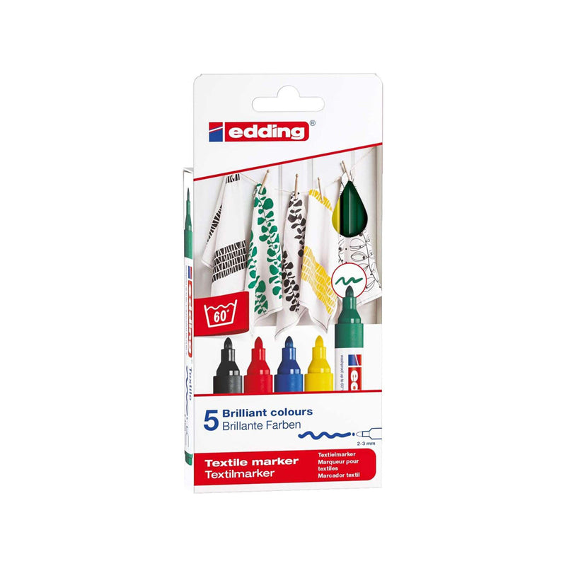 Edding 4500 Basicos Pack de 5 Rotuladores Permanentes para Textil - Punta Redonda - Trazo 2-3mm - Olor Neutro - Secado Rapido - Colores Negro, Verde, Amarillo, Rojo y Azul