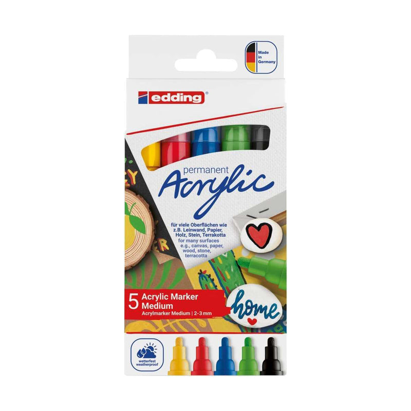 Edding 5100 Acrylic Pack de 5 Rotuladores Permanentes Acrilicos - Punta Redonda 2-3mm - Trazo Medio - Resistente a la Luz - Secado Rapido - Colores Surtidos