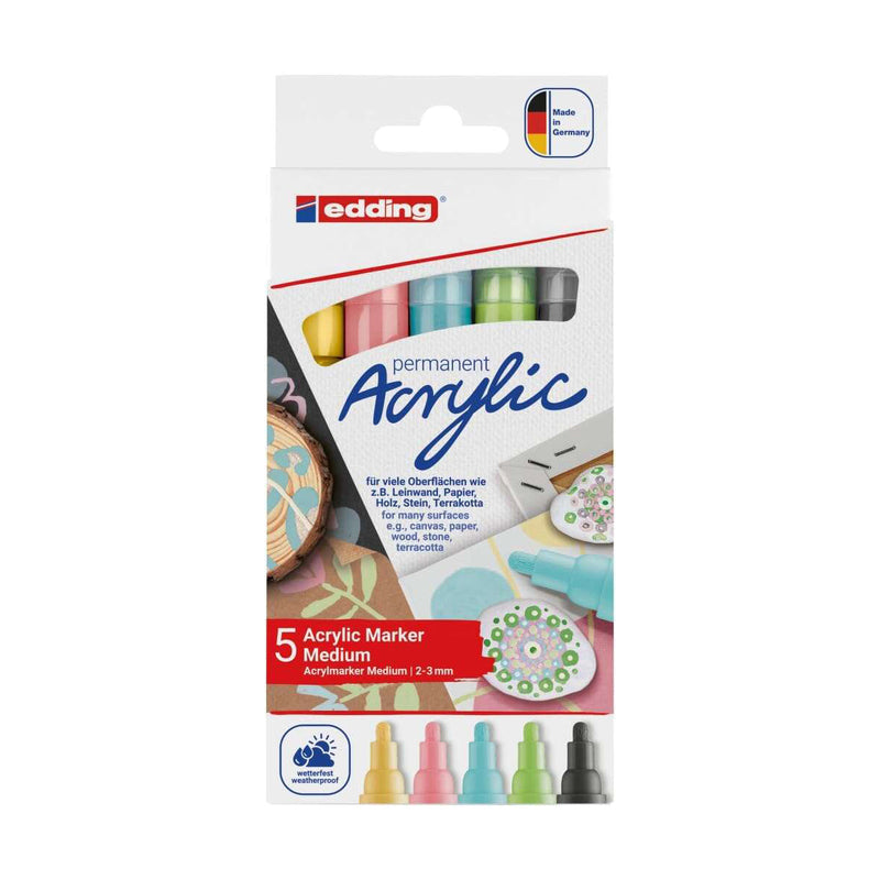 Edding 5100 Acrylic Pack de 5 Rotuladores Permanentes Acrilicos Pastel - Punta Redonda 2-3mm - Trazo Medio - Resistente a la Luz - Secado Rapido - Colores Pastel Surtidos
