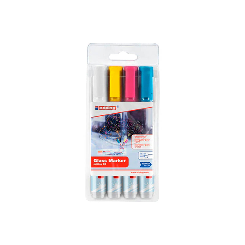 Edding 95 Pack de 4 Rotuladores de Tiza Liquida - Punta Redonda - Trazo 1.5-3mm - Colores Blanco, Amarillo, Rosa y Azul