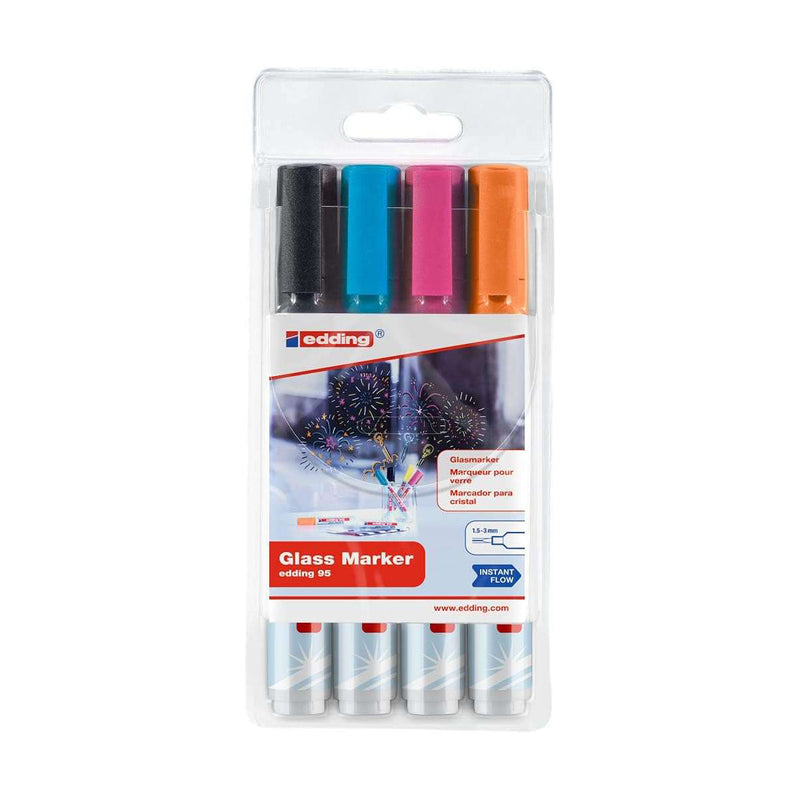 Edding 95 Pack de 4 Rotuladores de Tiza Liquida - Punta Redonda - Trazo 1.5-3mm - Colores Negro, Naranja, Rosa y Azul