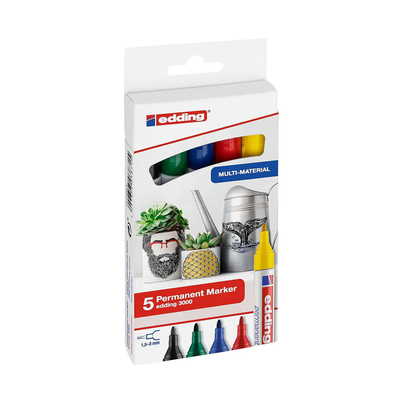 Edding 3000 Pack de 5 Rotuladores Permanentes - Punta Redonda de 1.5mm - Trazo entre 1.5 y 3mm - Recargable - Secado Rapido - Color Surtidos