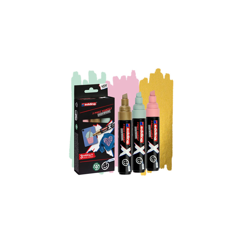 Edding X 6900 Pastel Pack de 3 Rotuladores Multisuperficie Permanentes de Tinta Opaca - Punta Biselada con Trazo 2-10mm - Color Oro, Verde Menta y Rosa Pastel