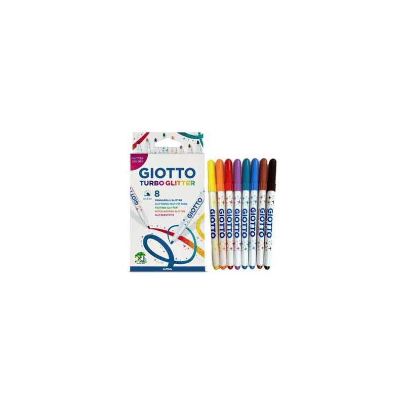 Giotto Turbo Glitter Pack de 8 Rotuladores - Punta Fina 2.8mm - Tinta al Agua - Lavable - Colores Surtidos