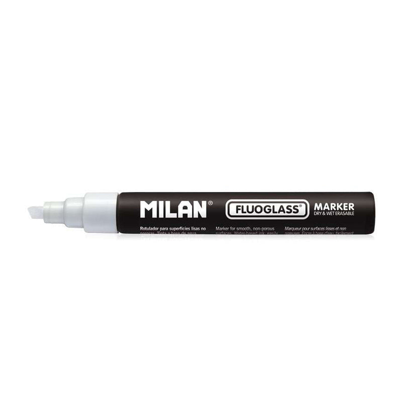 Milan Fluoglass Rotulador Superficies Lisas - Punta Biselada - Trazo de 2 - 4mm - Tinta al Agua - Borrado Facil - Color Blanco