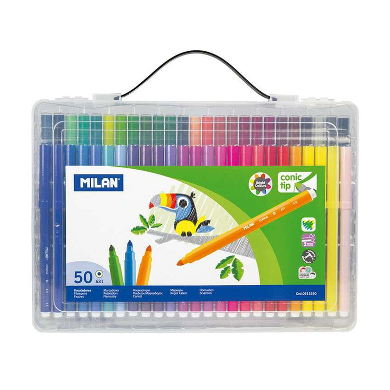 Milan Maletin de 50 Rotuladores de Punta Conica - Punta 5 mm - Tinta a base de agua - Mezclable entre si - Colores Surtidos