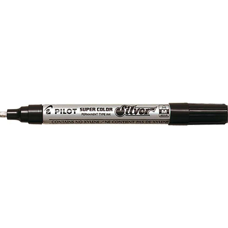 Pilot Super Color Rotulador Permanente - Punta de 4,5mm de Poliacetal - Tinta muy Densa y Opaca - Cuerpo Metalico - Color Plata