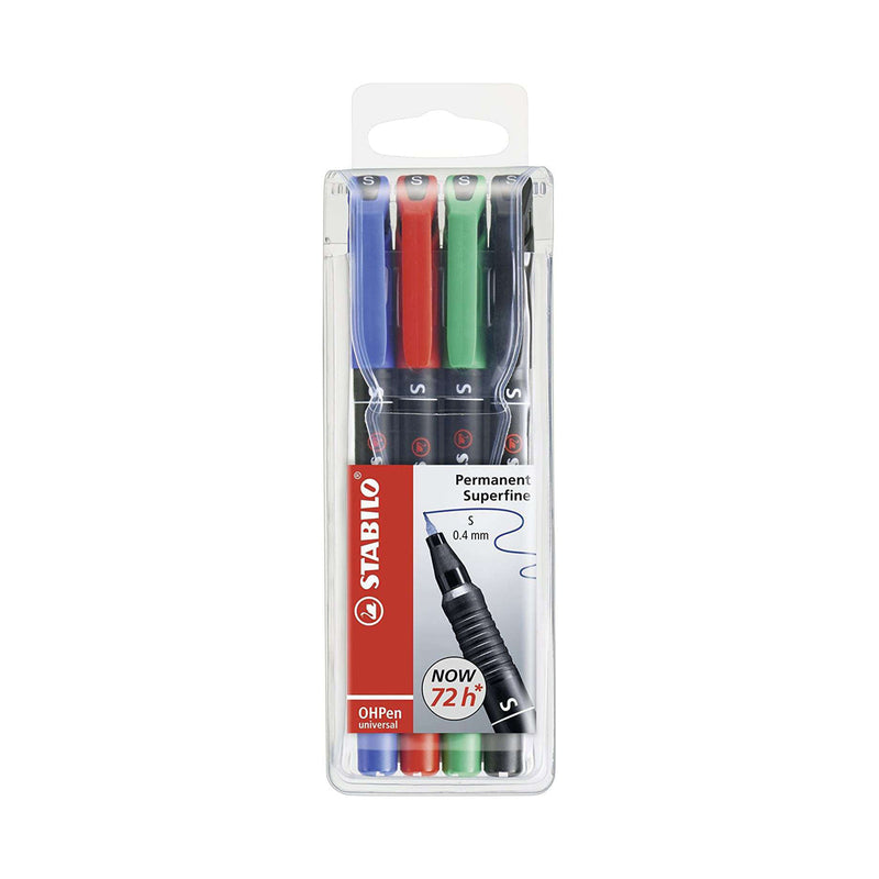 Stabilo OHPen Pack de 4 Rotuladores Permanentes - Punta Superfina - Trazo de 0.4mm - Agarre Antideslizante - Tapon Ventilado - Colores Surtidos