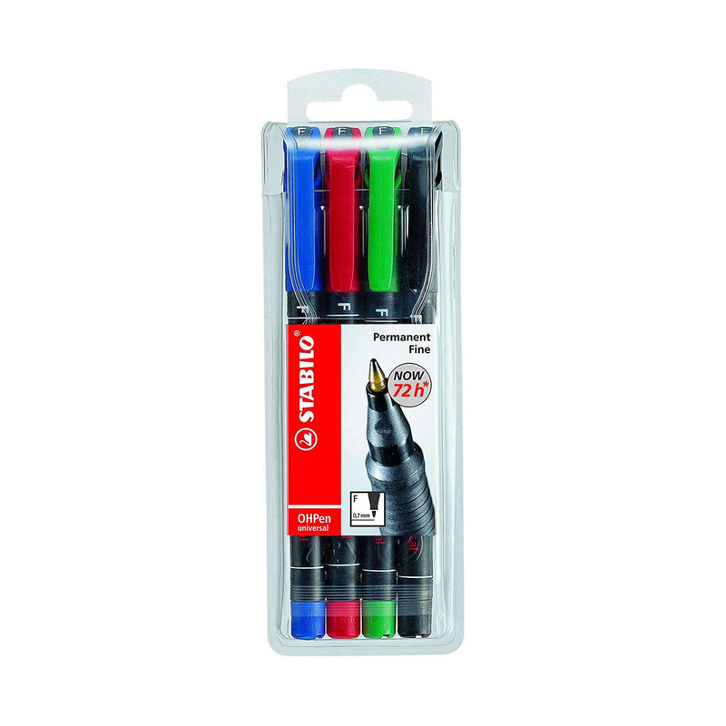 Stabilo OHPen Pack de 4 Rotuladores Permanentes - Punta Fina - Trazo de 0.7mm - Agarre Antideslizante - Tapon Ventilado - Colores Surtidos