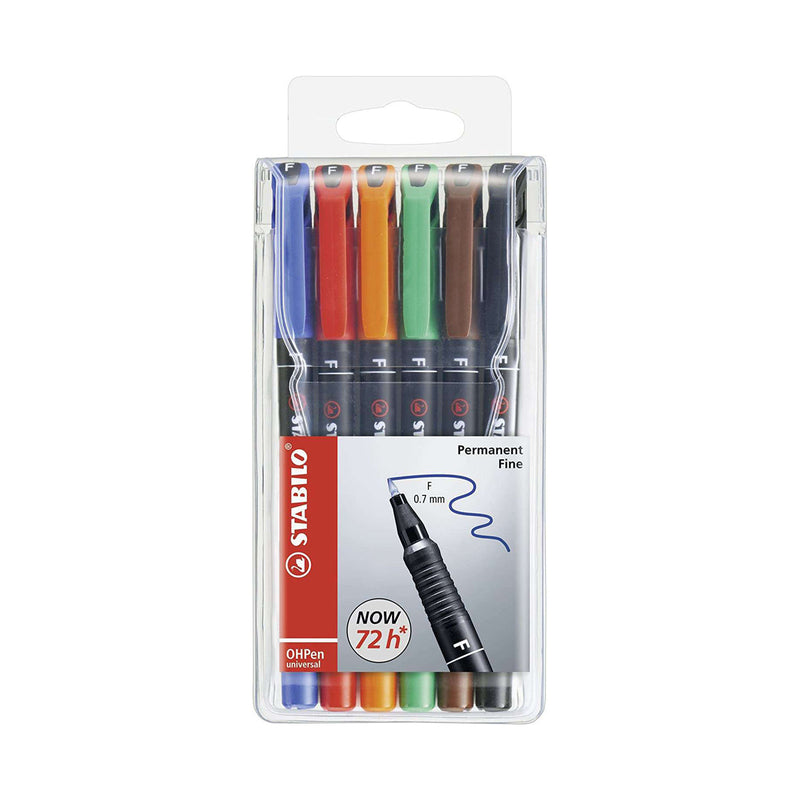 Stabilo OHPen Pack de 6 Rotuladores Permanentes - Punta Fina - Trazo de 0.7mm - Agarre Antideslizante - Tapon Ventilado - Colores Surtidos