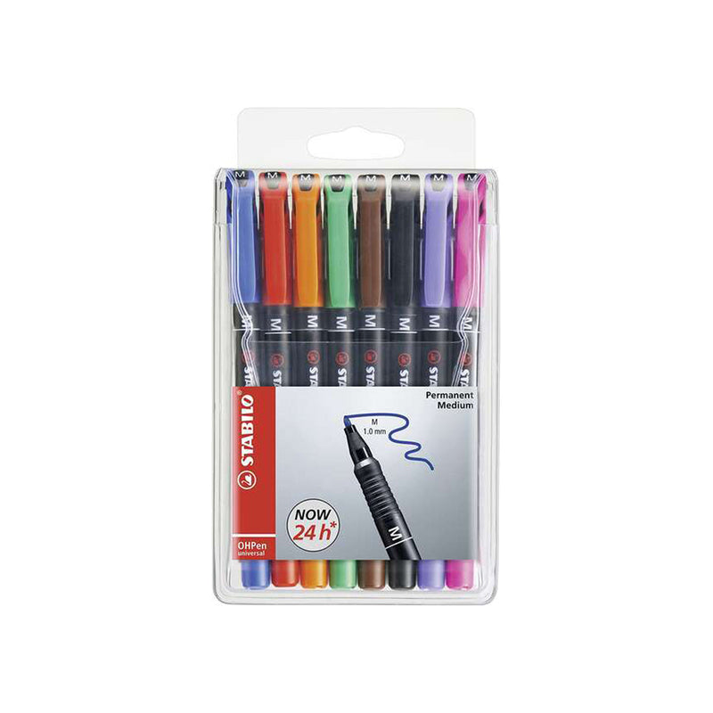 Stabilo OHPen Pack de 8 Rotuladores Permanentes - Punta Media - Trazo de 1mm - Agarre Antideslizante - Tapon Ventilado - Colores Surtidos
