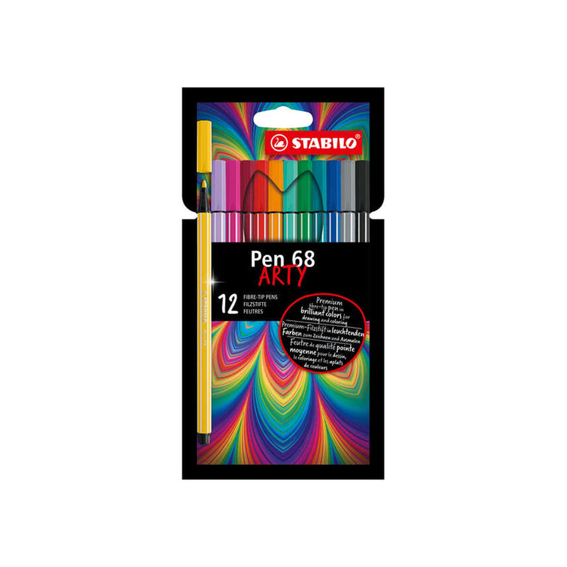 Stabilo Pen 68 Arty Pack de 12 Rotuladores - Punta de Fibra - Trazo de 1mm aprox. - Tinta a Base de Agua - Capuchon Ventilado - Colores Surtidos