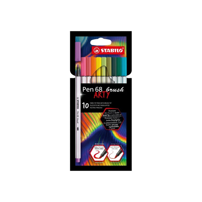 Stabilo Pen 68 Brush Arty Pack de 10 Rotuladores - Punta de Pincel - Tinta a Base de Agua - Colores Surtidos