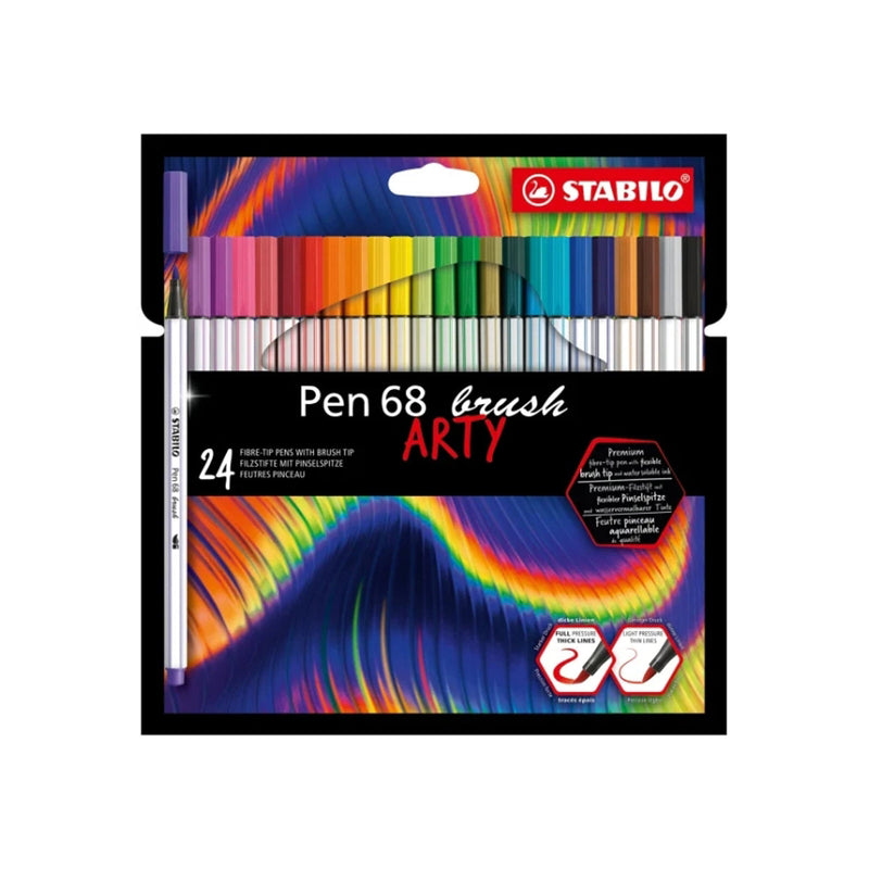 Stabilo Pen 68 Brush Arty Pack de 24 Rotuladores - Punta de Pincel - Tinta a Base de Agua - Colores Surtidos