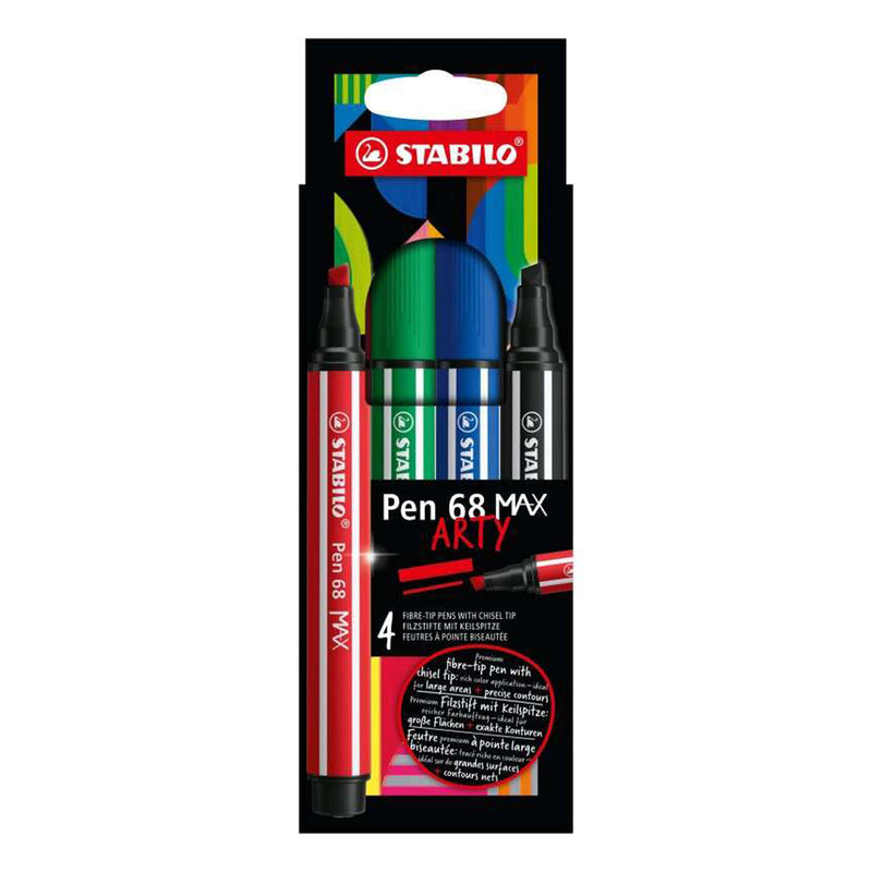 Stabilo Pen 68 MAX Arty Pack de 4 Rotuladores - Punta de Fibra Biselada - Trazo entre 1-5mm aprox. - Tinta a Base de Agua - Colores Surtidos