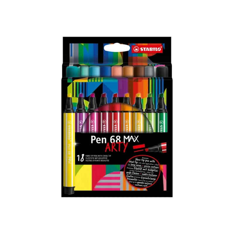 Stabilo Pen 68 MAX Arty Pack de 18 Rotuladores - Punta de Fibra Biselada - Trazo entre 1-5mm aprox. - Tinta a Base de Agua - Colores Surtidos