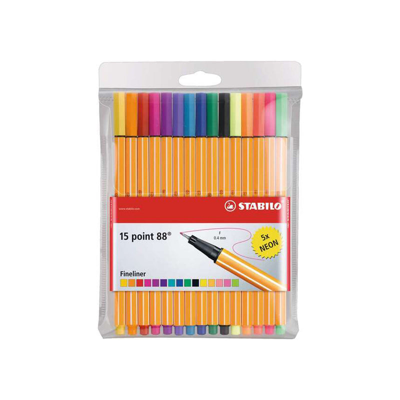 Stabilo Point 88 Pack de 15 Rotuladores de Punta Fina de Fibra - Trazo de 0.4 mm - Tinta con Base de Agua - 10 Colores Surtidos + 5 Neon