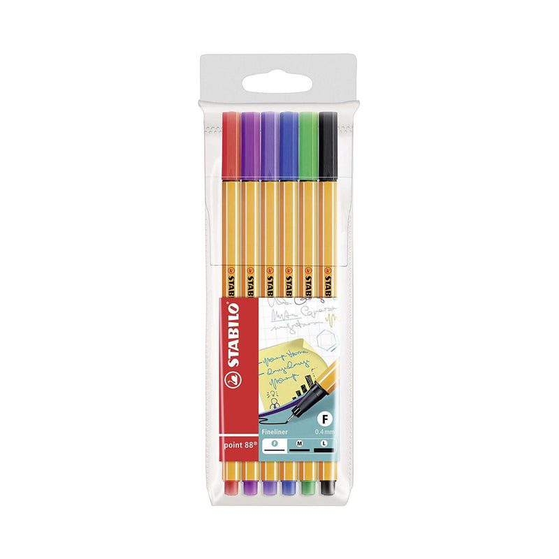 Stabilo Point 88 Pack de 6 Rotuladores de Punta Fina de Fibra - Trazo de 0.4 mm - Tinta con Base de Agua - Colores Surtidos