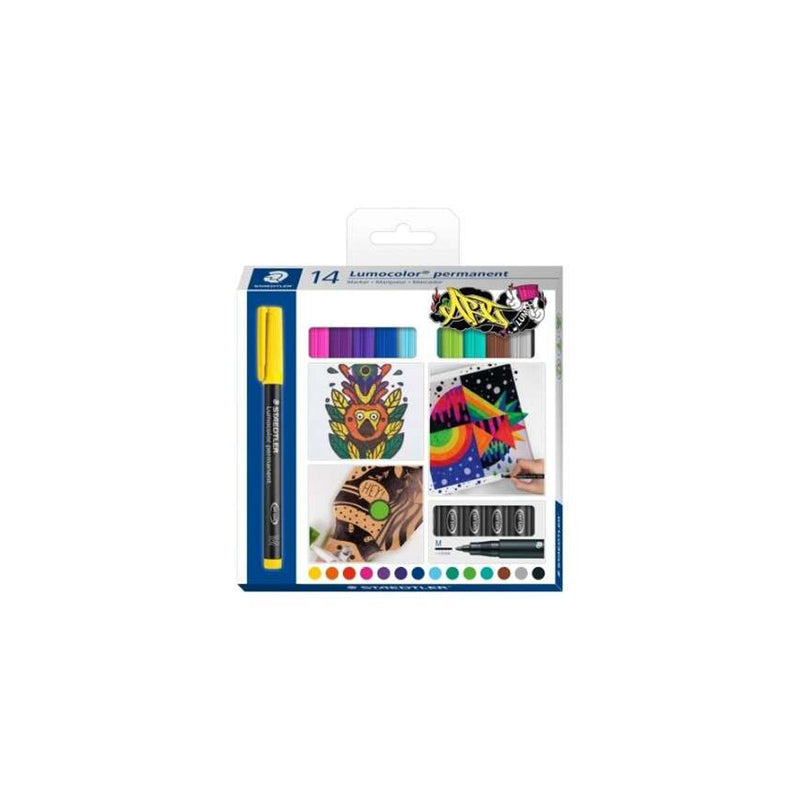 Staedtler Lumocolor 317 Pack de 14 Rotuladores Permanentes - Punta Media Redonda - Trazo 1mm Aprox - Capuchon con Clip - Secado Rapido - Colores Surtidos