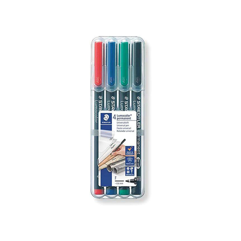 Staedtler Lumocolor 318 Pack de 4 Rotuladores Permanentes - Punta Fina Redonda - Trazo 0.6mm - Capuchon con Clip - Secado Rapido - Colores Surtidos